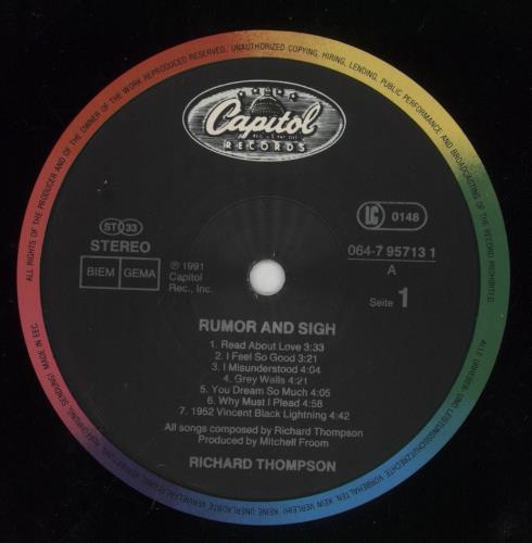 Richard Thompson Rumor And Sigh vinyl LP album (LP record) UK RTHLPRU66865
