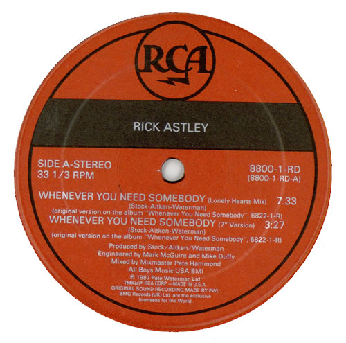 Rick Astley Whenever You Need Somebody 12" vinyl single (12 inch record / Maxi-single) US AST12WH27613