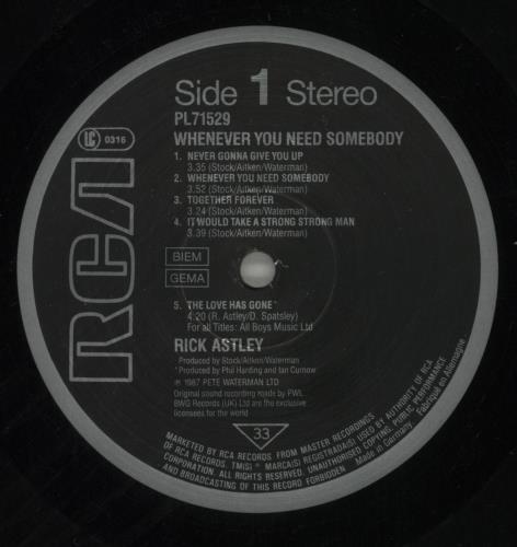 Rick Astley Whenever You Need Somebody vinyl LP album (LP record) UK ASTLPWH306636