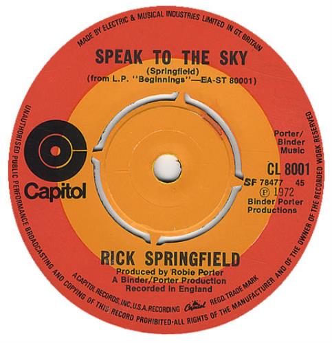 Rick Springfield Speak To The Sky 7" vinyl single (7 inch record / 45) UK RSP07SP201669