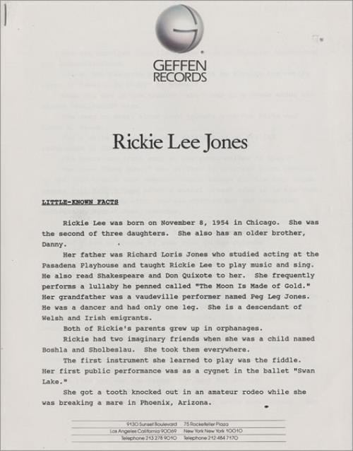 Rickie Lee Jones Flying Cowboys media press pack US RLJPPFL456129