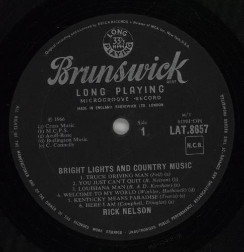 Ricky Nelson Bright Lights & Country Music vinyl LP album (LP record) UK R-NLPBR876722