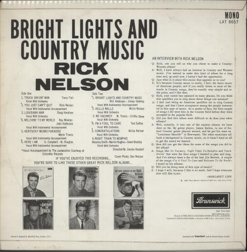 Ricky Nelson Bright Lights & Country Music vinyl LP album (LP record) UK R-NLPBR876722