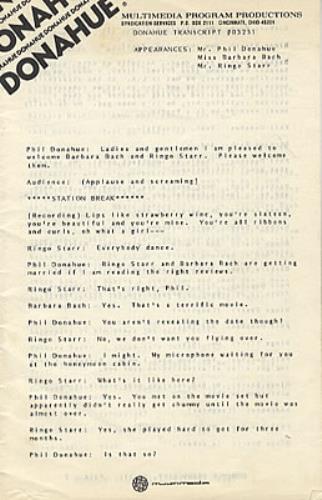 Ringo Starr Donahue Transcript #03231 memorabilia US RINMMDO324281
