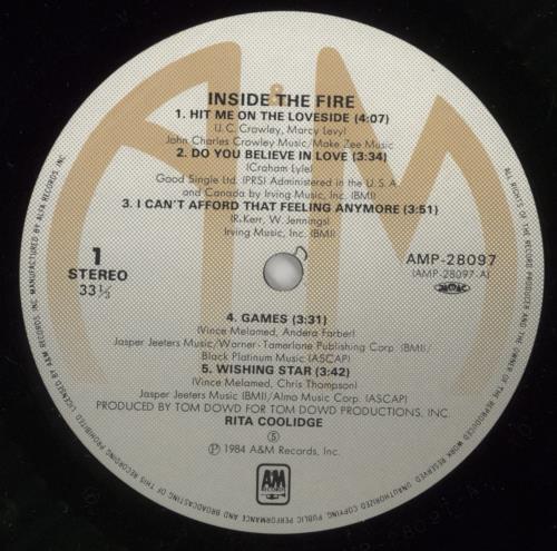 Rita Coolidge Inside The Fire vinyl LP album (LP record) Japanese RTCLPIN871685