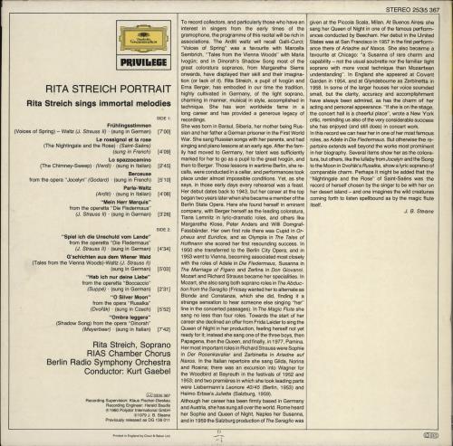 Rita Streich Rita Streich Portrait vinyl LP album (LP record) UK Y6SLPRI766748