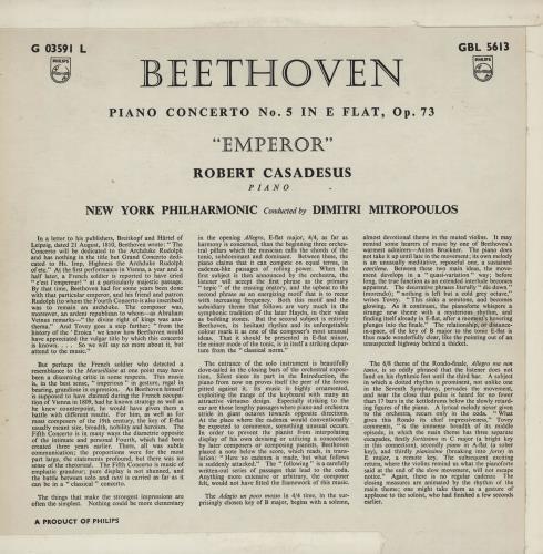 Robert Casadesus Beethoven: Piano Concerto No. 5 in E Flat, Op.73 vinyl LP album (LP record) UK X5BLPBE757401