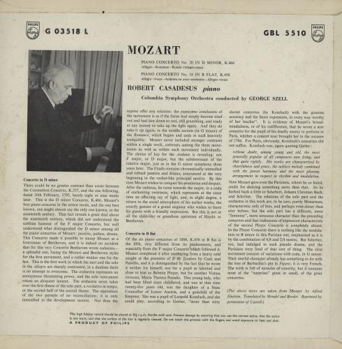 Robert Casadesus Mozart: Piano Concerto In D Minor, K.466 / Piano Concerto In B Flat, K.456 vinyl LP album (LP record) UK X5BLPMO760970