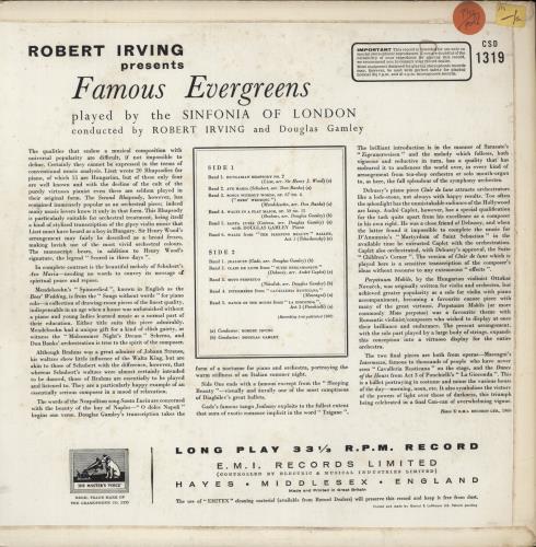 Robert Irving Robert Irving Presents Famous Evergreens vinyl LP album (LP record) UK 9OKLPRO875258