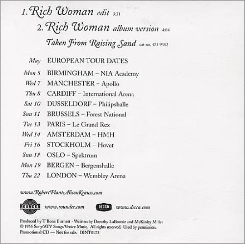 Robert Plant & Alison Krauss Rich Woman CD single (CD5 / 5") UK XYBC5RI438806