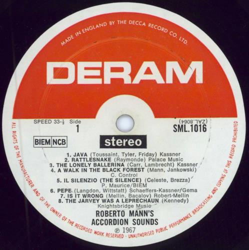 Roberto Mann Roberto Mann's Accordion Sounds vinyl LP album (LP record) UK RRVLPRO787385