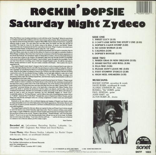 Rockin' Dopsie & The Twisters Saturday Night Zydeco vinyl LP album (LP record) UK RTQLPSA815688