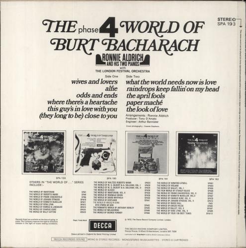 Ronnie Aldrich The Phase 4 World Of Burt Bacharach vinyl LP album (LP record) UK R~ALPTH387500