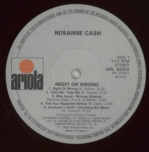 Rosanne Cash Right Or Wrong vinyl LP album (LP record) UK R-CLPRI289820