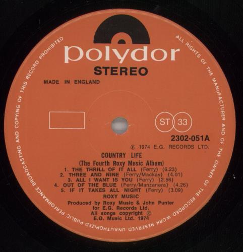 Roxy Music Country Life + inner vinyl LP album (LP record) UK RXYLPCO188632