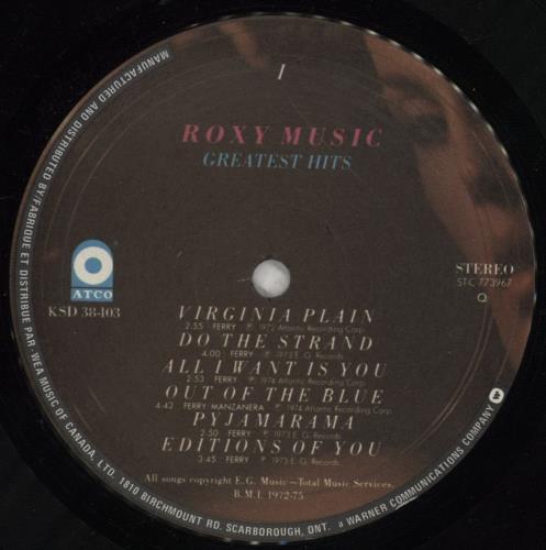 Roxy Music Greatest Hits vinyl LP album (LP record) Canadian RXYLPGR522577
