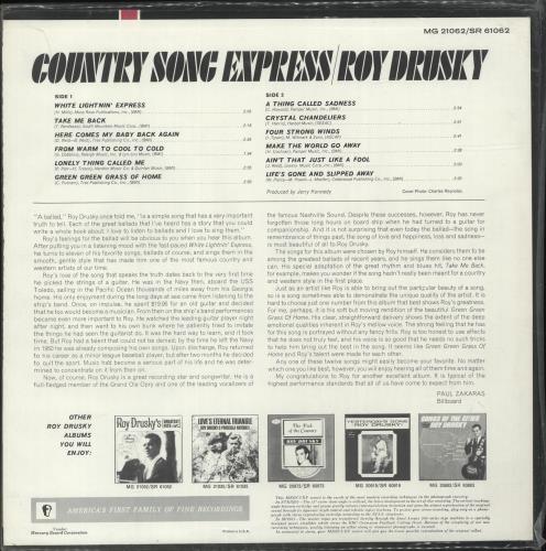 Roy Drusky Country Song Express vinyl LP album (LP record) US RYSLPCO699643