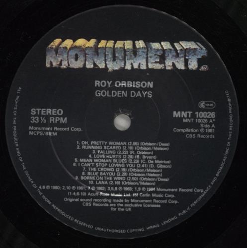 Roy Orbison Golden Days vinyl LP album (LP record) UK RYOLPGO231399