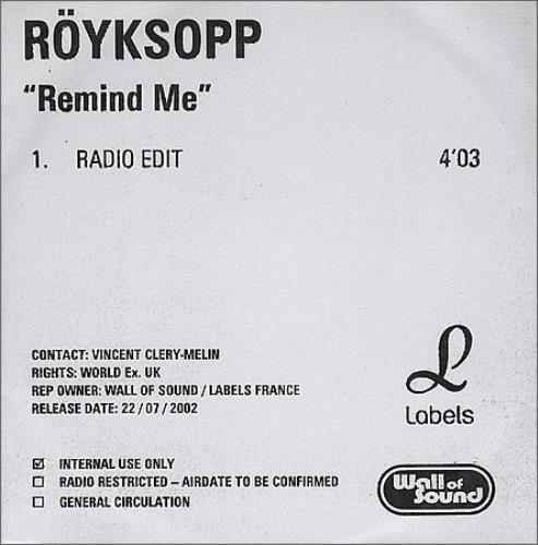 Royksopp Remind Me CD-R acetate UK YKSCRRE369281