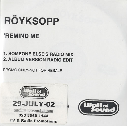Royksopp Remind Me CD-R acetate US YKSCRRE497086