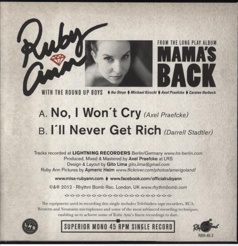 Ruby Ann No, I Won't Cry / I'll Never Get Rich 7" vinyl single (7 inch record / 45) UK 7-T07NO851829