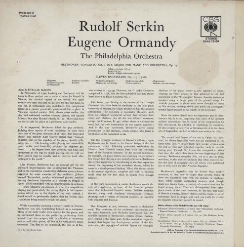 Rudolf Serkin Beethoven: Piano Concerto No. 1 in C / Eleven Bagatelles Opus 119 vinyl LP album (LP record) UK R2QLPBE760681