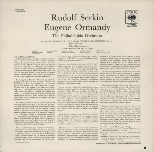 Rudolf Serkin Beethoven: Piano Concerto No. 1 in C / Eleven Bagatelles Opus 119 vinyl LP album (LP record) UK R2QLPBE877854