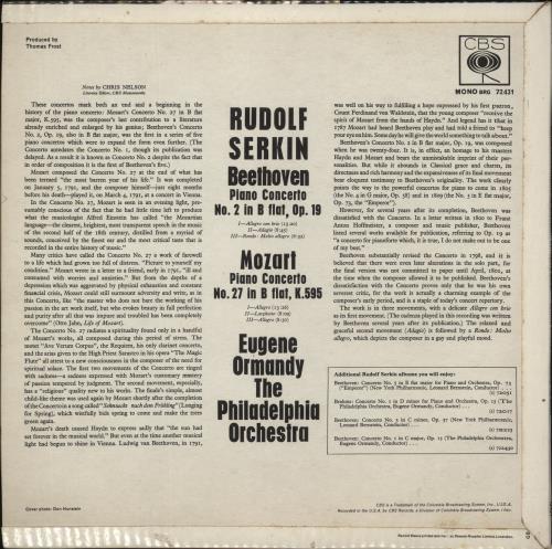 Rudolf Serkin Beethoven: Piano Concerto No. 2 In B-Flat / Mozart: Piano Concerto No. 27 In B-Flat, K. 595 vinyl LP album (LP record) UK R2QLPBE867526