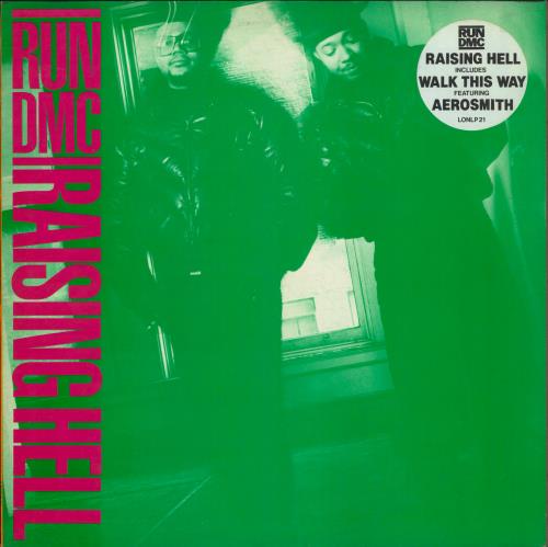 Run DMC Raising Hell - Green tint sleeve + Circular hype-sticker vinyl LP album (LP record) UK RMCLPRA792173
