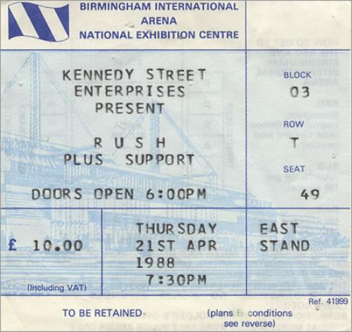 Rush Birmingham National Exhibition Centre concert ticket UK RUSTIBI401829