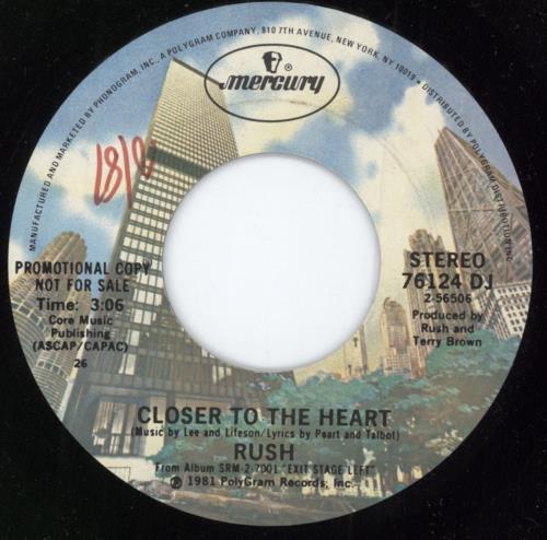 Rush Closer To The Heart 7" vinyl single (7 inch record / 45) US RUS07CL69320