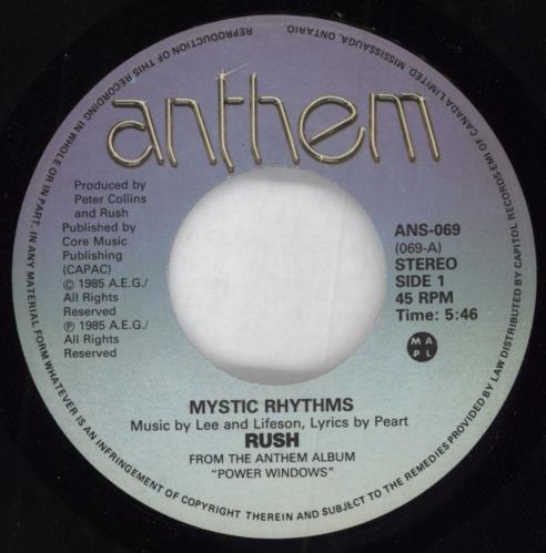Rush Mystic Rhythms 7" vinyl single (7 inch record / 45) Canadian RUS07MY799027
