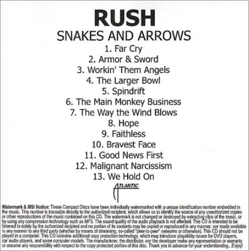 Rush Snakes And Arrows CD-R acetate US RUSCRSN417905