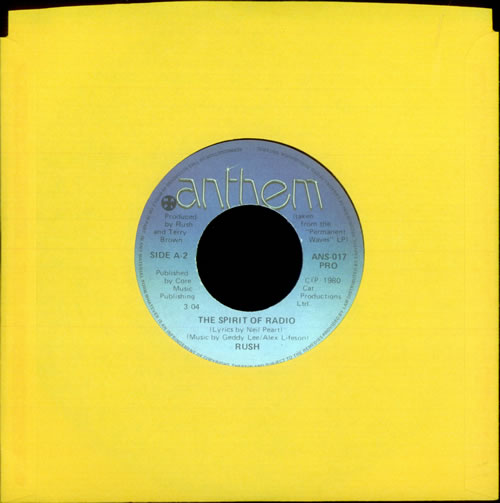 Rush The Spirit Of Radio 7" vinyl single (7 inch record / 45) Canadian RUS07TH289237