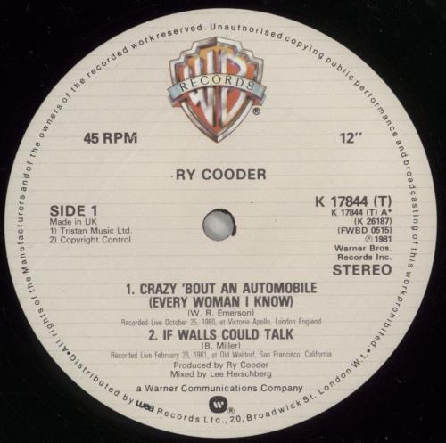 Ry Cooder Crazy 'Bout An Automobile 12" vinyl single (12 inch record / Maxi-single) UK RYC12CR75337