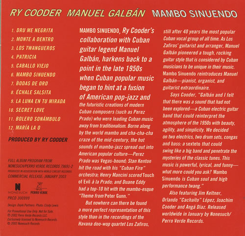 Ry Cooder Mambo Sinuendo CD album (CDLP) US RYCCDMA230883