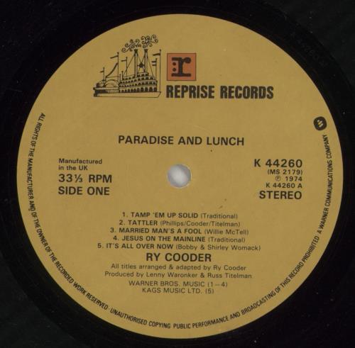 Ry Cooder Paradise And Lunch vinyl LP album (LP record) UK RYCLPPA866760