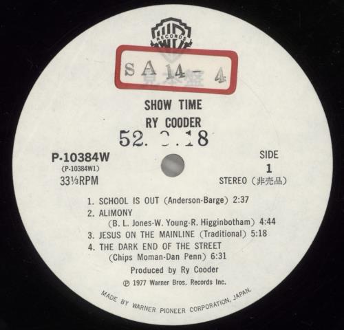 Ry Cooder Show Time vinyl LP album (LP record) Japanese RYCLPSH138069