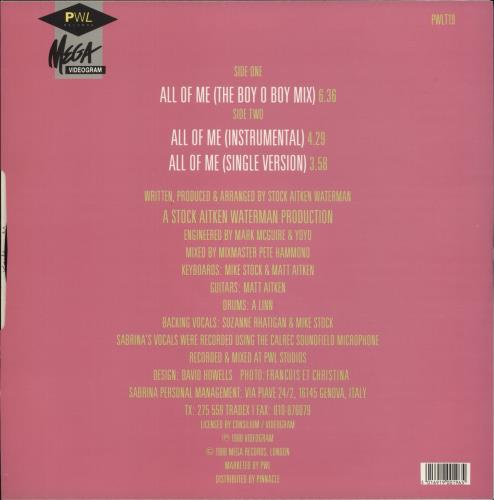 Sabrina All Of Me 12" vinyl single (12 inch record / Maxi-single) UK SAB12AL15082