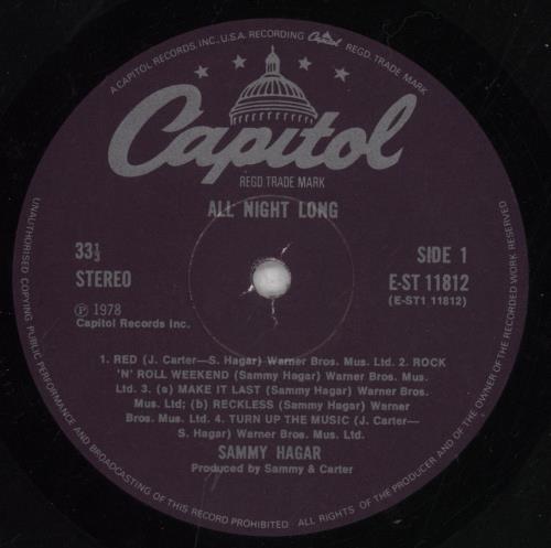 Sammy Hagar All Night Long vinyl LP album (LP record) US HGALPAL847256