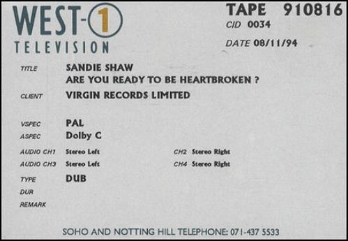 Sandie Shaw Are You Ready To Be Heartbroken - Betacam Master video (VHS or PAL or NTSC) UK SDIVIAR102902