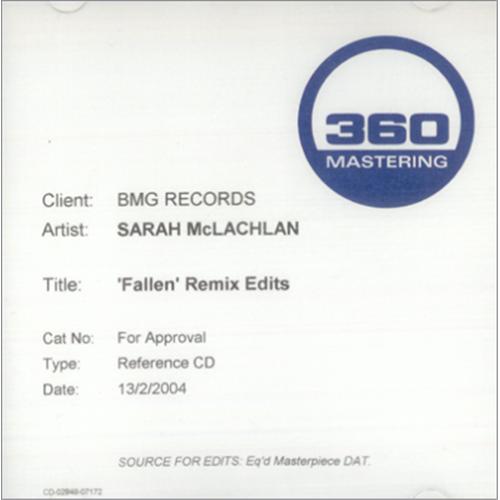 Sarah McLachlan Fallen Remix Edits - 2 Track CD-R acetate UK MCLCRFA427721