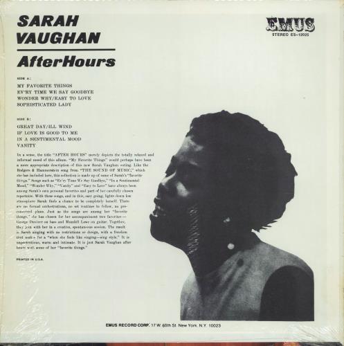 Sarah Vaughan After Hours - shrink vinyl LP album (LP record) US VAALPAF677753