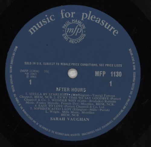 Sarah Vaughan After Hours vinyl LP album (LP record) UK VAALPAF411801