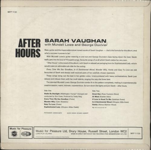 Sarah Vaughan After Hours vinyl LP album (LP record) UK VAALPAF411801