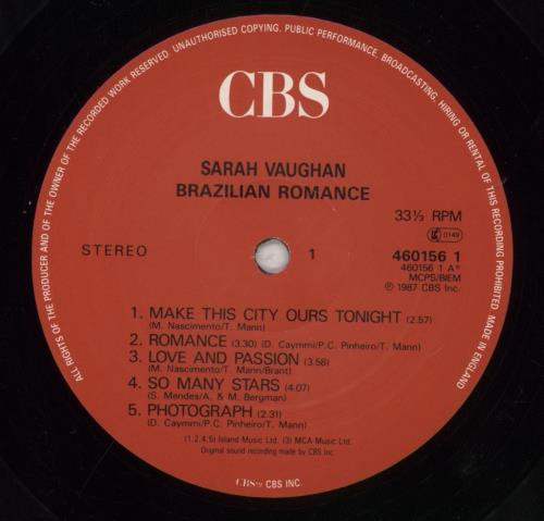 Sarah Vaughan Brazilian Romance vinyl LP album (LP record) UK VAALPBR586623