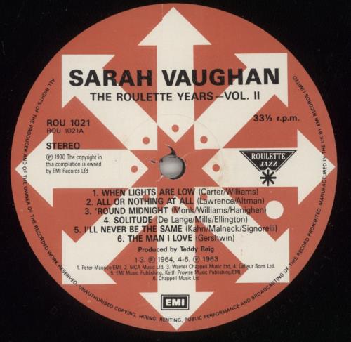 Sarah Vaughan The Roulette Years Volume Two vinyl LP album (LP record) UK VAALPTH880018