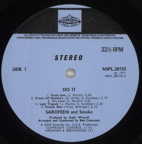Sarofeen And Smoke Do It vinyl LP album (LP record) UK SN4LPDO392486