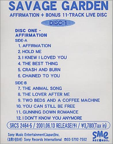 Savage Garden Affirmation Double Cassette Album Japanese SGD2KAF200643