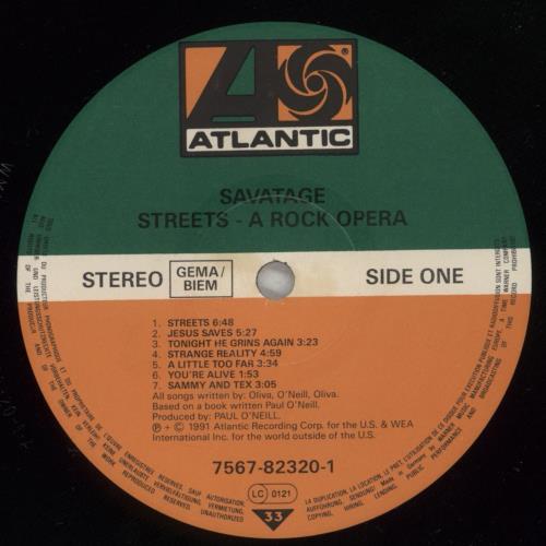 Savatage Streets - A Rock Opera vinyl LP album (LP record) German SVTLPST718195